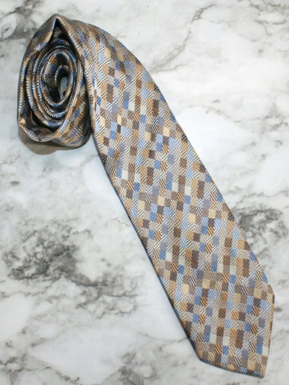 VALERIO GARATI Neck Tie Classic Patchwork Squares Neutral Tan Blue Silk Necktie